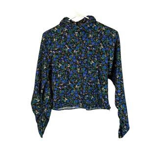 Zara Blue Multicolor Floral Long Ruched Sleeve Mock Neck Blouse Women Sz S
